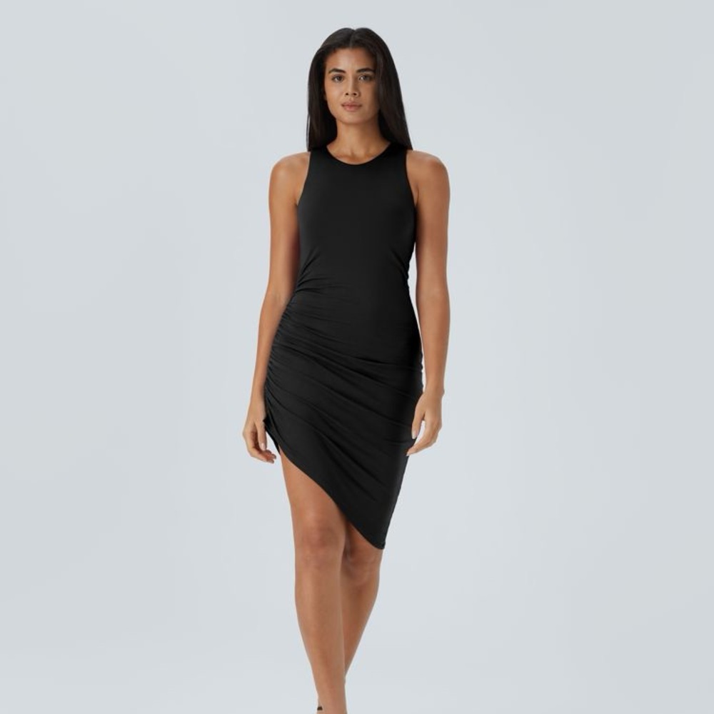 099HO.- Round Neck Ruched Asymmetric Hem Bodycon Mini Casual Dress.